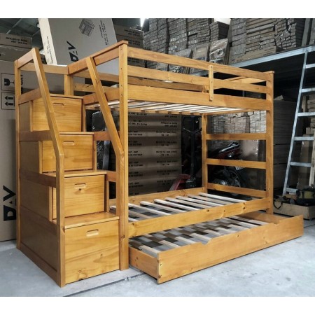 B165 Oak : Giường 3 Tầng Cầu Thang Liên Hợp - 1m